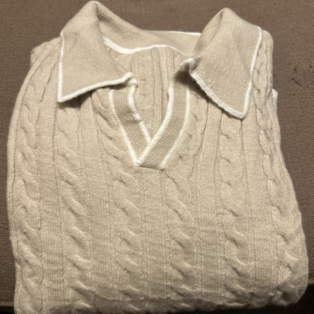 Unbranded Cream Beige Cream Knit Sweater Men’s 2X V-Neck Polo Long Sleeve